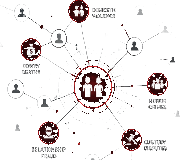 Relationship intelligence network with domestic violence, money gain, relationship fraud, and custody disputes nodes